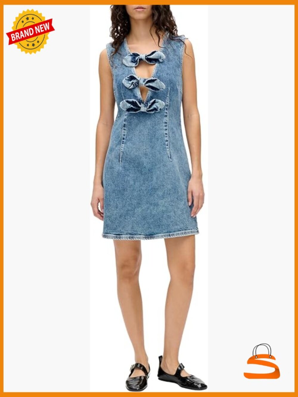 Sleeveless V-Neck Denim Minidress with Bows, Organic Cotton